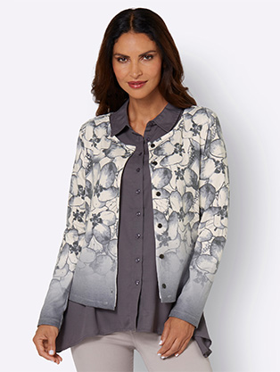 Woman wearing a Floral Ombre Cardigan.
