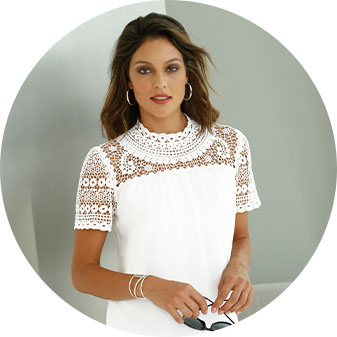 Women wearing the white lace panel chiffon blouse.