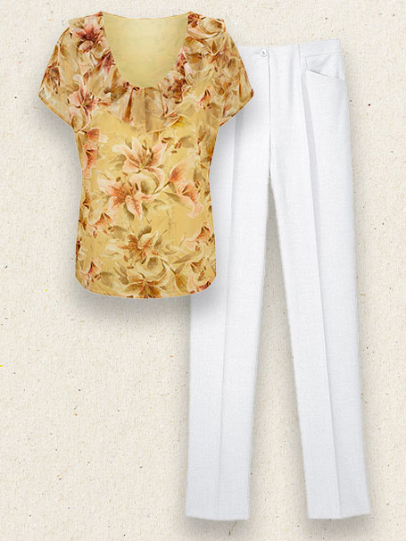 Image of the Floral Ruffle V-Neck Blouse in the patterned-printed color and the Slimming Pleated Pants in the white color.