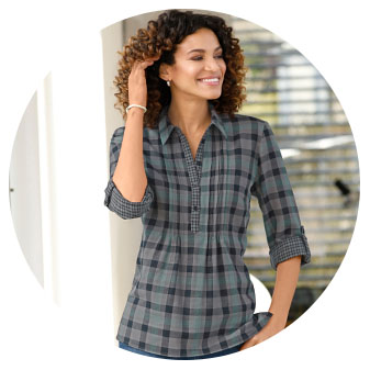 Women wearing the jade checkered tab sleeve blouse.