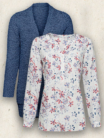 Image of a blue cardigan and a pink and blue floral blouse.